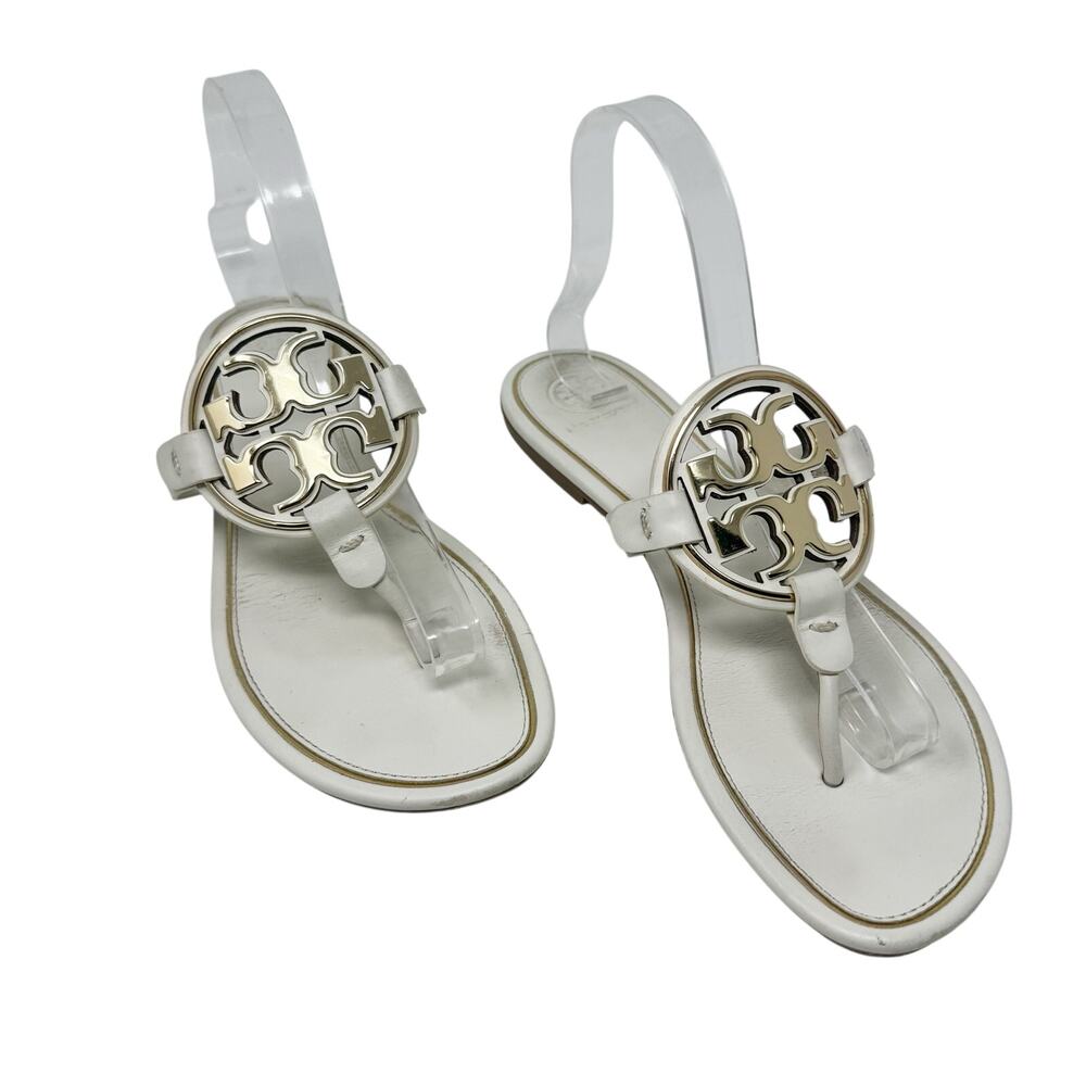 Tory Burch Ivory Benton Thong Slide Sandal Leather Gold Logo Box 9.5